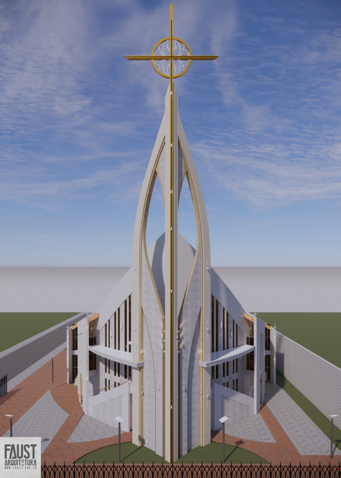 Perspectiva arquitetônica da fachada da nova Matriz de Santa Teresinha, com sua torre e cruz